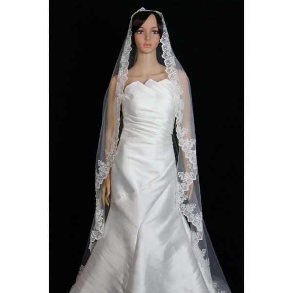 Bridal Wedding Mantilla Veil Ivory 1 Tier Long Cathedral Length With Lace Edge
