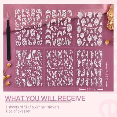 6 Sheets 5D French Lace Nail Art Stickers, Embossed Nail Decals with Tweezer, 3D Self Adhesive Classic White Lace Retro Flower Rose Vine Acrylic Nail Accessories for Wedding French Tips Design Set-1
