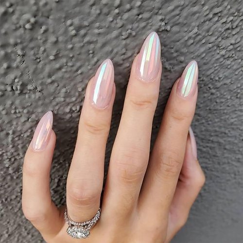 24Pcs Chrome Press on Nails Medium Long Almond Fake Nails Pink Glazed Glossy Designs Full Cover Stick on Nails with Glue Reusable Artificial Acrylic False Nails for Women Manicure Decorations Tips
