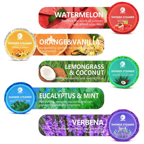 MR MIRYE Shower Steamers Aromatherapy, 20-Pack Shower Bombs Organic with Verbena, Orange&Vanilla, Watermelon, Lemongrass&Coconut, Eucalyptus&Mint Essential Oil, Birthday Gifts for Her