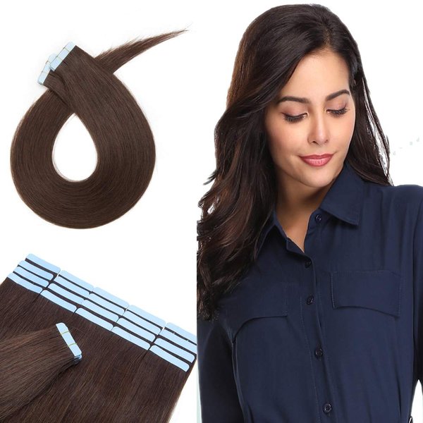 Hairro 24 Inch Human Hair Tape in Hair Extensions #2 Dark Brown Long Straiht Hair 100g 40pcs Seamless Skin Weft Glue in Hairpieces with Invisible Tapes for Women