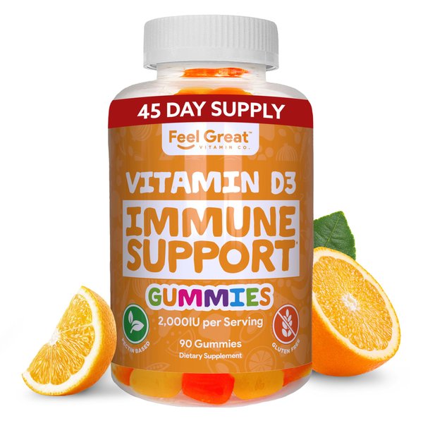Feel Great Vitamin D Gummies for Adults | Tropical Flavored Vegetarian Chewable Vitamin D 2000 iu | Immune Support Supplement | Gluten Free | 45 Day Supply