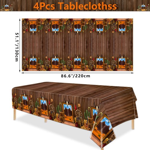 Hegbolke 4 Pack Western Tablecloths - Western Cowboy Birthday Table Cover Wild West Theme Saloon Yeehaw Scene Setters Tablecloth for Western Theme Baby Shower Birthday Party, 86 x 51 Inch