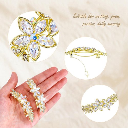 WHAVEL 2PCS Rhinestone Hair Barrettes for Women, Gold Hair Clips Crystal Flower Barrette Wedding Hair Clips Fancy Hair Clips Wedding Prom Formal Hair Accessories for Women
