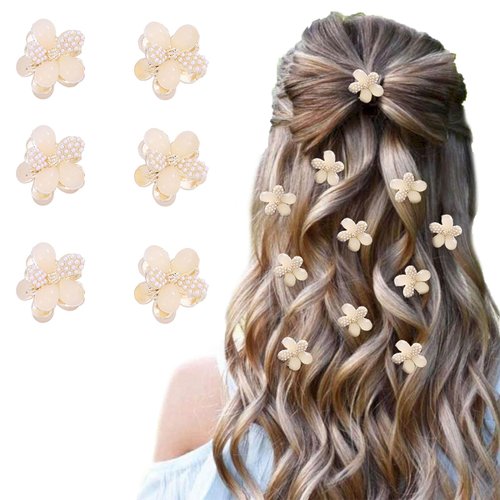 Campsis 6PCS Small Flower Hair Claw Clip Gold Pearls Hairclips Wedding Floral Hair Claw Gripper Bride Party Photogrgaph Mini Flower Hair Clip Decorative Hair Accessories for Women