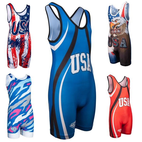 KO Sports Gear - Unisex Wrestling Singlet (USA Blue, Adult X-Small)