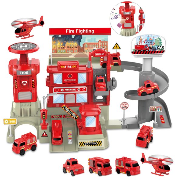 deAO Fire Station with Fire Truck Set Firefighting Playset Pretend Play Toy with Car, Helicopter and Accessories, Preschool Learning Educational Toys for Toddllers