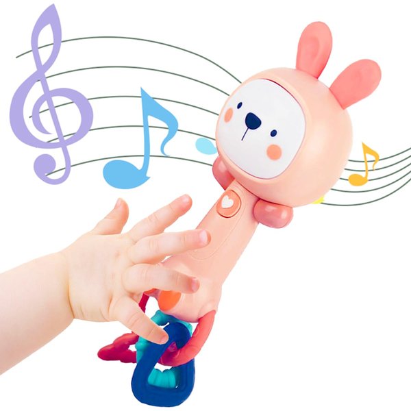 WHNKFB Baby Musical Rattles 0-6-12 Months, Baby Teething Toys with Music and Light, Infant Educational Learning Toys, Teethers for Newborn Baby Boy Girl Gifts (Rabbit)