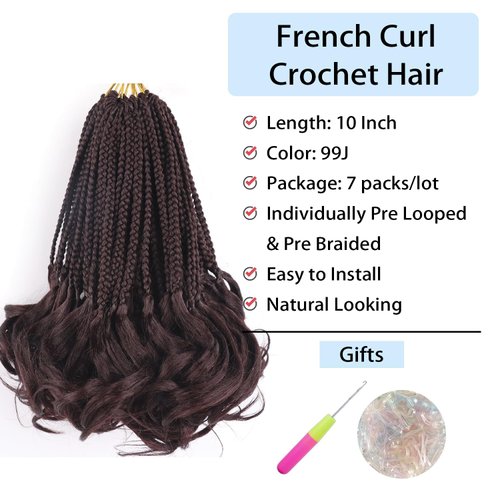 French Curl Braiding Hair 10Inch 99J French Curl Crochet Braids Crochet Hair for Women Short Crochet Braids French Curly Braiding Hair Crochet Box Braids Crochet Hair Extensions (7Packs)