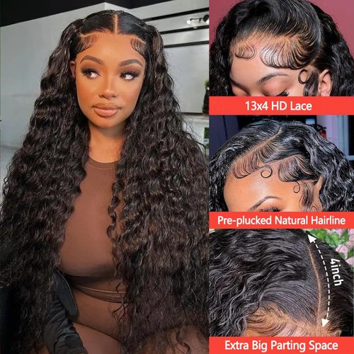 30 Inch Deep Wave Lace Front Wigs Human Hair 13x4 HD Lace Front Wigs Human Hair Pre Plucked 180% Density Deep Curly Human Hair Wig Wet and Wavy Glueless Frontal Human Hair Lace Front Wigs for Women