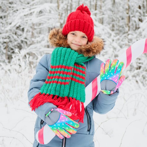 PAMAID Kids Gloves Winter Snow Gloves Waterproof Ski Gloves for Girls, Toddler Snow Gloves Outdoor Snowboard Gloves (Rainbow)