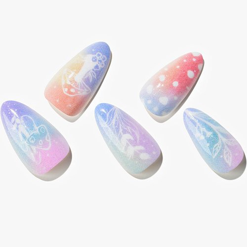GLAMERMAID Press on Nails Almond,Ombre Gel False Nails with Design,24 PCS Glue on Nails,Reusable Acrylic Stick on Nails Tips Manicure Set for Women,Sky Mushroom