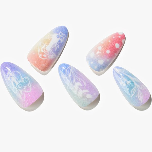 GLAMERMAID Press on Nails Almond,Ombre Gel False Nails with Design,24 PCS Glue on Nails,Reusable Acrylic Stick on Nails Tips Manicure Set for Women,Sky Mushroom