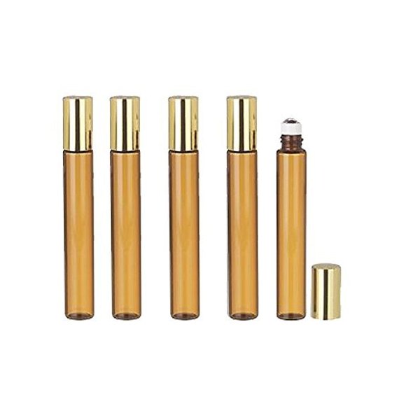 Grand Parfums 6 Pcs Thin Tall Amber Glass Brown 10ml Roll on Bottle with Gold Metallic Caps for Essential Oil Steel Metal Roller Ball for Travel