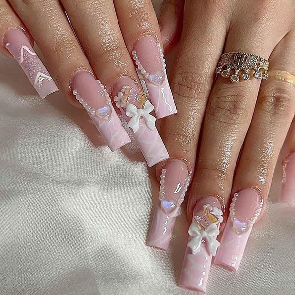 Foccna Pink Press on Nails Long,3D Pearl Fake Nails Square Bling Glossy Rhinestone False Nail Tips Artificial Nails for Women and Girls-24pcs