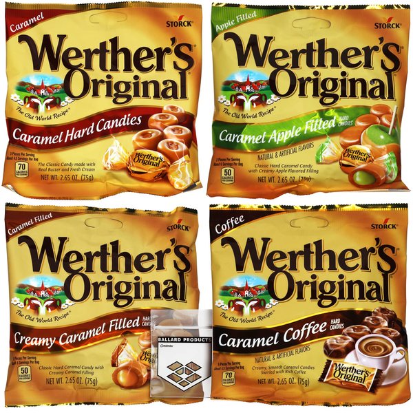 Werthers Hard Candy Variety Pack of 4 Flavors - 2.65 Ounce Bags | 1 Bag Each Flavor | Bundled with Ballard Products Pocket Bag
