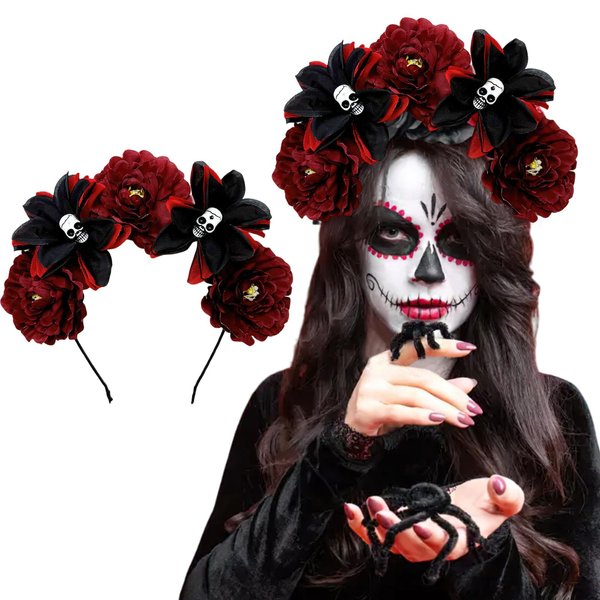 AUOCATTAIL Halloween Skull Rose Headband Mexican Red Flower Crown Gothic Horror Headwear for Party Costume Cosplay Headwear