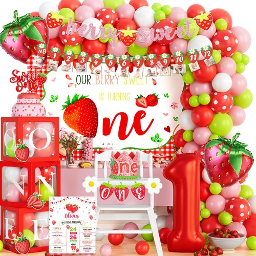 Hombae 1st Birthday Decorations Girl, Berry Sweet One Party Decorations, Berry First Birthday Decor, Strawberry First Themed Birthday Party Supplies, Strawberry Birthday Decorations for One Year Old
