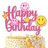 Preppy Smile Face Party Cake Topper Preppy Birthday Party Decoration Rose Red Smile Face Happy Birthday Cake Pick Decoration for Girls Preppy Themed Birthday Bachelorette Party Supplies