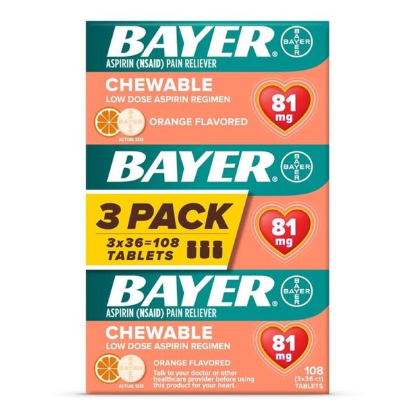 Bayer Aspirin Regimen 81mg Chewable Tablets | #1 Doctor Recommended Aspirin Brand | Pain Reliever | Orange Flavor | 108 Count, 36 Count (Pack of 3)