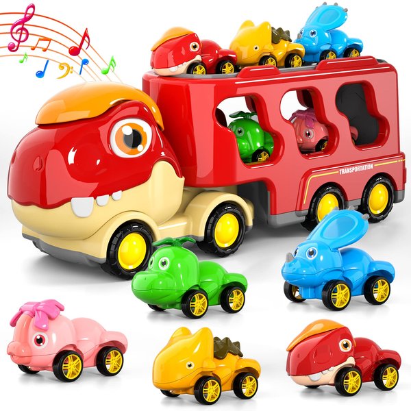 Doloowee Dinosaur Truck Toys for Kids 3-5 Years, Cars Toys for Toddler, 6 in 1 Jurassic Dinosaurs Trucks Toys, Semi Truck Toy Car for Boys and Girls Age3+
