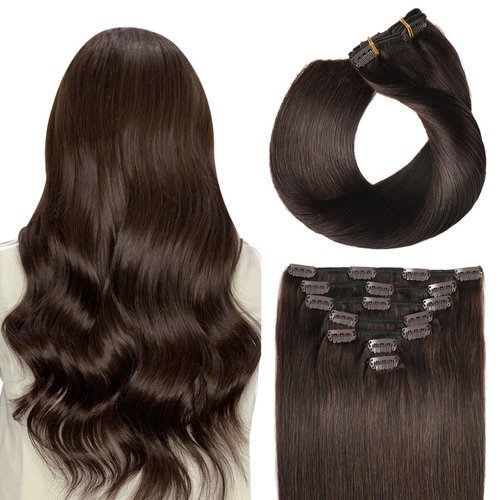 SUYYA Clip in Hair Extensions Real Human Hair 7 Pcs Human Hair Clip in Extensions Straight Remy Human Hair Extensions Clip ins for Women Double Weft 14 Inch #2 Darest Brown 70G