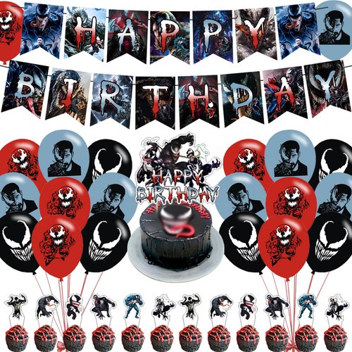 𝓥𝓮𝓷𝓸𝓶 3 Party Decorations,𝓥𝓮𝓷𝓸𝓶 3 Birthday Party Supplies Includes Banner - Cake Topper - 12 Cupcake Toppers - 18 Balloons