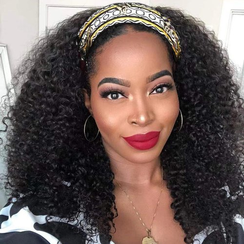Aiterina Headband Wig Human Hair Kinky Curly for Black Women Curly Human Hair Wigs Briazilian Curly Scarf Wig No Gel Remy Hair None Lace Front Machine Made Wigs Human Hair 16 inch Natural Color