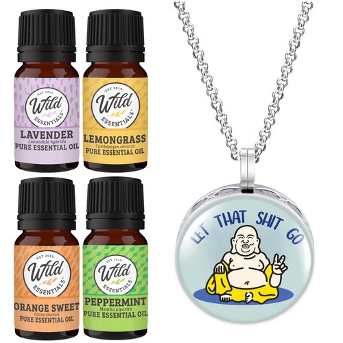 Wild Essentials Buddha Let It Go Essential Oil Diffuser Necklace Gift Set Aromatherapy Pendant, 24 inch Stainless Steel Chain, Refill Pads, 100% Pure Oils, Lavender, Peppermint, Lemongrass and Orange