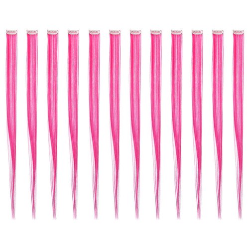 SWACC 12 Pcs Straight One Color Party Highlights Clip on in Hair Extensions Colored Hair Streak Synthetic Hairpieces (Neon Pink)