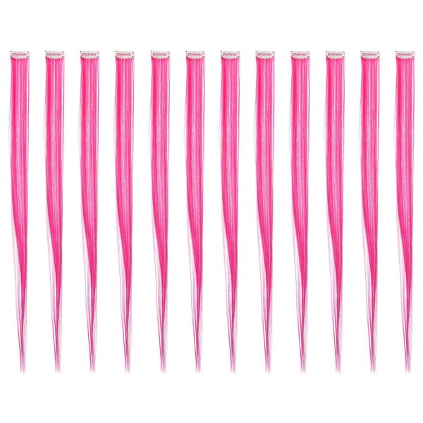SWACC 12 Pcs Straight One Color Party Highlights Clip on in Hair Extensions Colored Hair Streak Synthetic Hairpieces (Neon Pink)