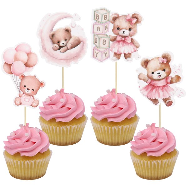 Gyufise 36Pcs Baby Shower Bear Cupcake Toppers Moon Baby Bear Baby Shower Cake Topper Decorations Jungle Animal Theme Baby Shower Birthday Party Cake Supplies Pink