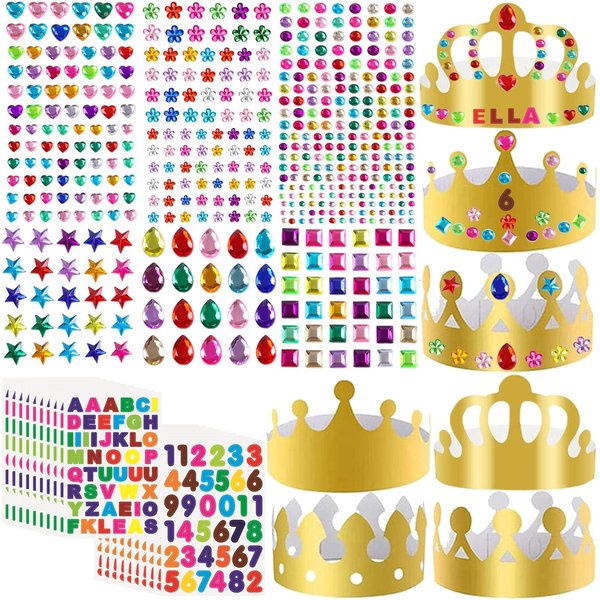 LAPOHI 46 Pcs Paper Crowns for Kids to Decorate Birthday Party Hats Gold for Boys Girls Jewels Gems Stickers DIY Crown Supplies