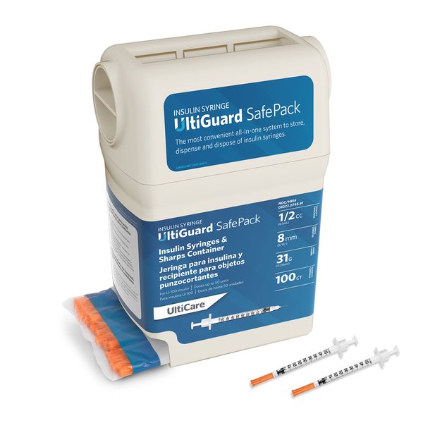 All-In-One UltiGuard Safe Pack U-100 Insulin Syringes and Sharps Container for At-Home Insulin Injections and Safe Needle Disposal; Size: 1/2cc, 31G x 5/16’’ (8mm), 100 Count