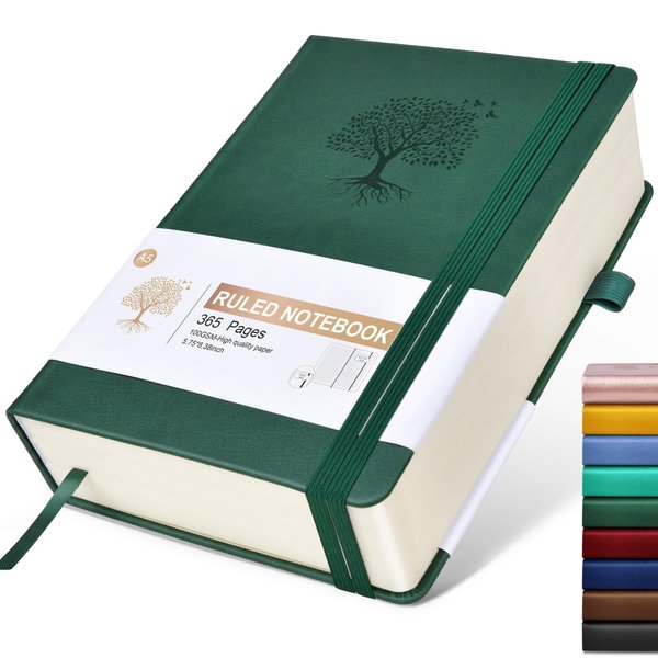 Lined Journal Notebook -365 Pages A5 Thick Journals for Writing Ruled Notebook, Hardcover Leather Journal for Women Men, Daily Journal Notebook for Work, Note Taking, 100Gsm Lined Paper( 5.75'' X 8.38'' Green)