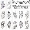 Cerlaza Temporary Tattoos for Women, Henna Fake Flower Tattoos Stickers for Adults, Semi Permanent Half Sleeve Tattoos Body Leg Makeup Waterproof, Flower Tatuajes Temporales-12 Sheets