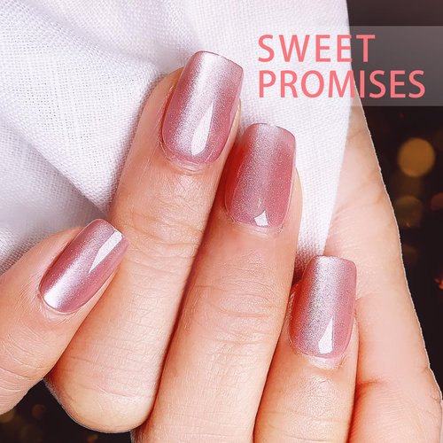 Kliveco 30Pcs Pink Aurora Cat Eye Press on Nails - Handmade Soft Gel Fake Nails with Glue | Semi-Transparent, Short Square Stick On Nails, Reusable & Fit Perfectly | 15 Sizes - 30 Nail Kit