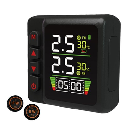 OBEST Motorcycle TPMS Tire Pressure Monitoring System,Motorbike Tyre Temperature Alarm with 2 External Sensors,LCD & Time Display