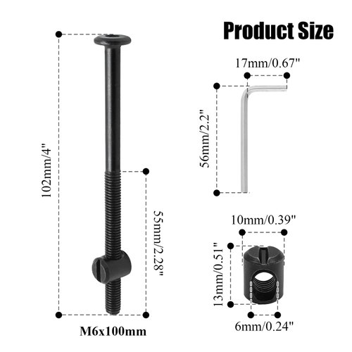 Biaungdo M6 x 100mm Bunk Bed Bolts, Hex Drive Socket Furniture Barrel Screws Bolt Nuts Furniture Crib Baby Bed Bolt with Wrench(Black, 12 Pcs)