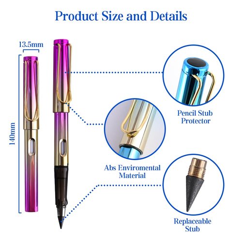 SEILETOO 9PCS Inkless Pencil with Eraser，5 Sets Infinity Pencil, Reusable with Extra 9PCS Replaceable Nibs for Home, Office & School Writing, Drawing