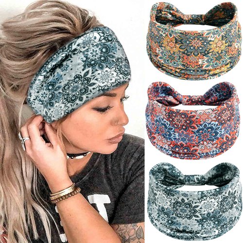 SAWINDA Boho Headbands for Women Vintage Flora Printed Stretchy Hair Bands Elastic Non-slip Twisted Knots Headwrap Headband Workout Yoga Hair Styling Accessories (Pack of 3)