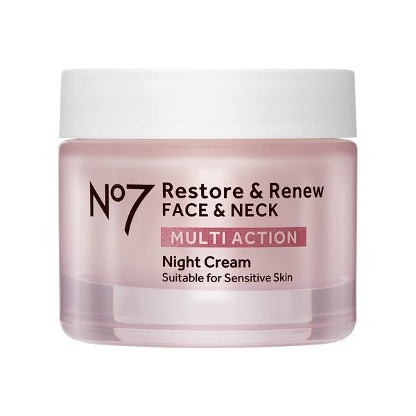 No7 Restore & Renew Multi Action Face & Neck Night Cream - Collagen Peptide Anti Aging Face Cream - Hydrating Hyaluronic Acid Night Cream - Shea Butter + Vitamin E Skin Firming Night Cream (50ml)
