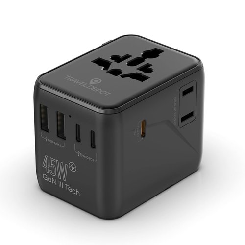 TRAVEL DEPOT 7 in 1 Travel Adapter Worldwide w/GaN 45W, 2 USB-A (15W), 3 USB-C (45W), 2 AC Outlets, Safety Certified International Plug Adapter for Universal Laptop, Phone, Camera for US, EU, UK, AU
