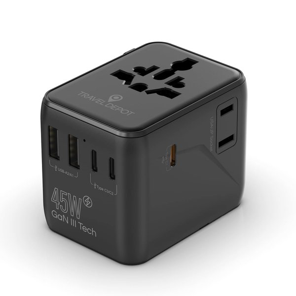 TRAVEL DEPOT 7 in 1 Travel Adapter Worldwide w/GaN 45W, 2 USB-A (15W), 3 USB-C (45W), 2 AC Outlets, Safety Certified International Plug Adapter for Universal Laptop, Phone, Camera for US, EU, UK, AU