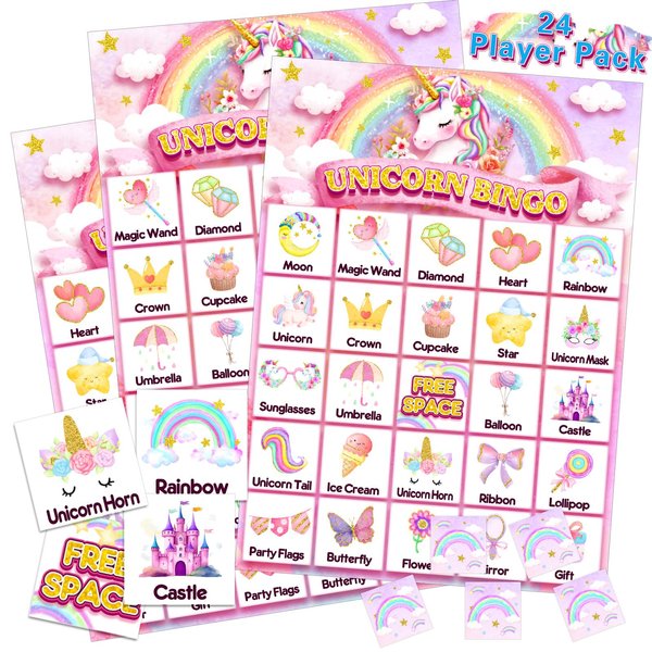 Liliful 35 Pcs Unicorn Bingo 24 Players Party Bingo Cards Unicorn Theme Party Games for Boys Girls Adults Family Classroom Activities Birthday Theme Party Favors Supplies