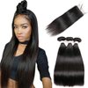 Brazilian Straight Hair Virgin Human Hair 3 Bundles with (4x 4) Lace Closure Straight Wave Weft 100% Unprocessed Real Human Hair Extensions Natural Color (22 22 22+18" Free Part Closure)