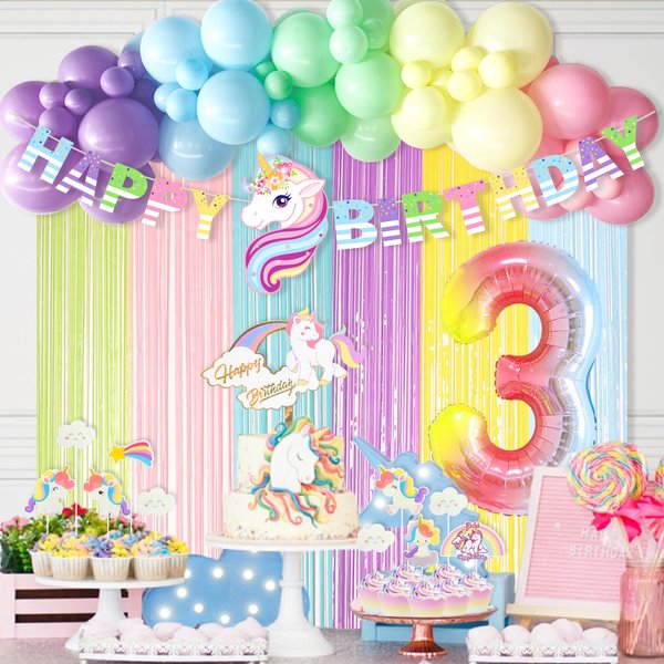 Hombae Unicorn 3rd Birthday Party Decorations for Girls, Third Birthday Party Supplies Kit, Rainbow Birthday Banner Balloons Garland, No.3 Foil Balloon, Macaron Tinsel Curtains
