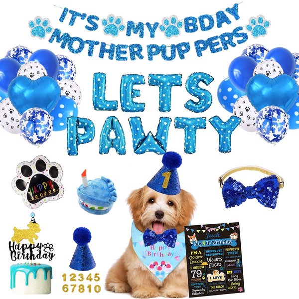 Party Inspo Dog Birthday Party Supplies, 50 PCs Puppy Blue Dog Pals Birthday Party Decorations Let’s Pawty Balloon Its My Bday Mother Pup Pers Banner Dog Crown Hat Bow Tie Poster Cake Topper Woof Boy