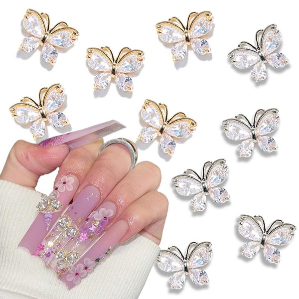 10Pcs Alloy Butterfly Nail Charms Butterfly Nail Gems Nail Rhinestones 3D Metallic Gold Silver Butterfly Nail Charm Butterfly Nail Art Supplies for Women Girls Acrylic Manicure Jewelry Accessories