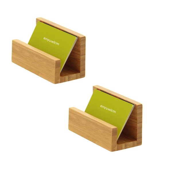 enyuwlcm 2 Pack Bamboo Wood Desktop Business Card Holder Display for Desk Sturdy Business Card Stand for Office Tabletop Counter Organizer